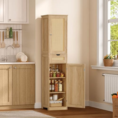 67" H Tall Storage Cabinet with 2 Rattan Doors and 1 Drawer, Narrow Rattan Cabinet with Adjustable Shelves, for Living Room, Entryway, Kitchen, Natural