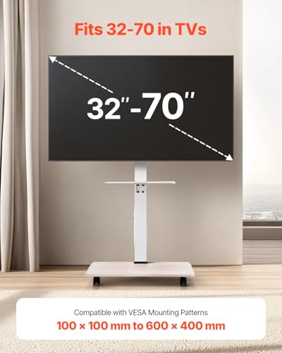 Rolling TV Stand, Mobile TV Cart for 32-70 Inch Screens, 25° Left-Right Rotation and Height Adjustable TV Mount with Tray, Holds up to 88 lbs for Corner, Bedroom, Outdoor, Max VESA 600x400mm
