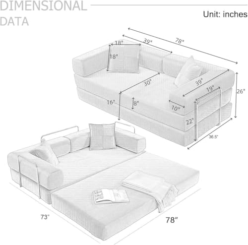 Convertible Folding Sofa Bed, Modern Futon Sleeper Sofa Fold Out Couch Bed with Gold Fixed Frame, Modular Floor Sofas Comfy Corduroy Boneless Couches for Living Room (78" Green)