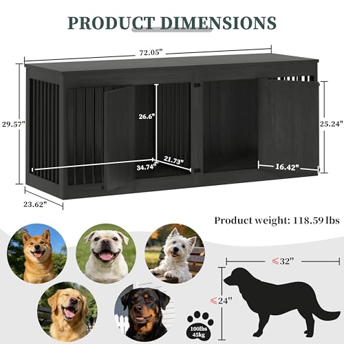 72" Double Dog Crate, Heavy Duty Dog Kennel Indoor for 2 Large Dogs, view 3