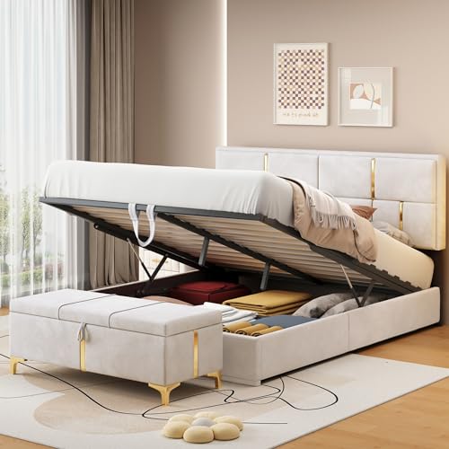Queen Size Upholstered Bed Frame with Storage Ottoman, Hydraulic Storage Bed Frame with Headbaord and Storage Bench, 2-Piece Bedroom Furniture Set - Beige
