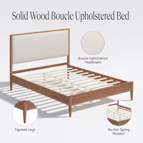 Mid Century Bed Frame with Boucle Upholstered Headboard, Walnut, view 8