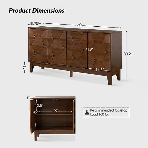 Mid Century Sideboard Buffet Cabinet with Solid Wood Legs, view 3