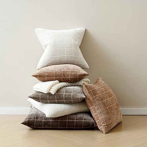 Decorative Chenille Plaid Fall Throw Pillow Covers Brown 12x20 Set of 2