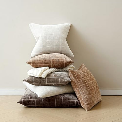 Decorative Chenille Plaid Fall Throw Pillow Covers Brown 12x20 Set of 2