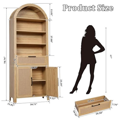 79" Tall Arched Bookcase with Storage, Mid Century Modern 6-Tier Cabinet with Door, Arched Bookshelf with Open Display Shelf for Office Living Room (Natural, 79inch-Doors)