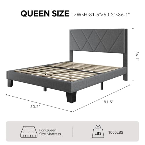 Queen Platform Bed Frame with Upholstered Headboard, Gray, view 4