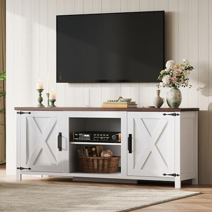 Modern Farmhouse TV Stand for TVs up to 65", Entertainment Center with X-Shaped Barn Doors, Large Storage Media TV Console with Adjustable Shelves & Cable Holes for Living Room, White
