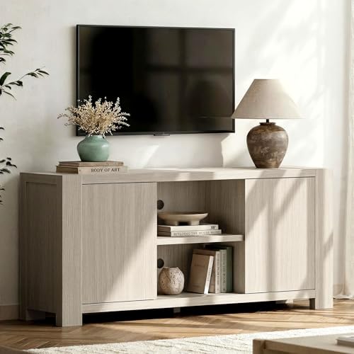 58'' TV Stand for TVs Up to 65'', Entertainment Center with Outlet, 2 Storage Cabinet, Wood Television Media Console Cabinet with Adjustable Shelf for Living Room, Bedroom, White Oak Gray