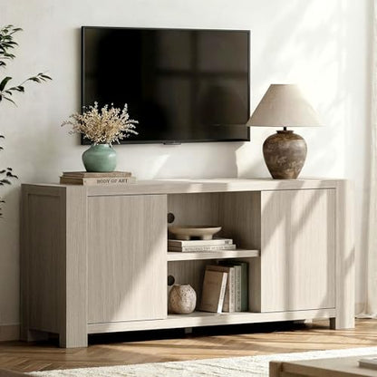 58'' TV Stand for TVs Up to 65'', Entertainment Center with Outlet, 2 Storage Cabinet, Wood Television Media Console Cabinet with Adjustable Shelf for Living Room, Bedroom, White Oak Gray
