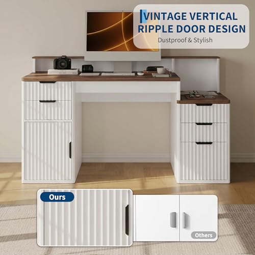 Home Office Computer Desk with Hutch & Printer Shelf, Brown & White, view 4