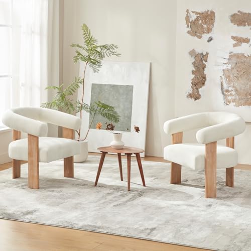 Accent Chairs Set of 2, Modern Upholstered Living Room Chair Armchair with Solid Wood Legs, Comfy Barrel Arm Chairs for Living Room Bedroom, Cream