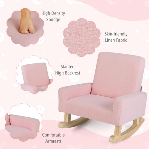 Toddler Rocking Chair, Kids Rocker with Solid Wood Legs & Linen Fabric, Anti-Tipping Design, Toddler Couch for Kids Room, Playroom, Nursery, Bedroom (Pink)