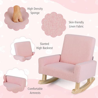 Toddler Rocking Chair, Kids Rocker with Solid Wood Legs & Linen Fabric, Anti-Tipping Design, Toddler Couch for Kids Room, Playroom, Nursery, Bedroom (Pink)