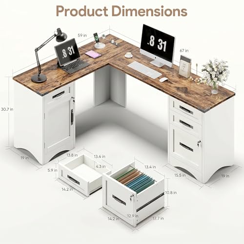 67" Farmhouse L Shaped Standing Desk with Drawers Home Office Executive Desks with Fast Charging Station, Lockable File Cabinet, Wood Writing Computer Desk for Work, Study, White
