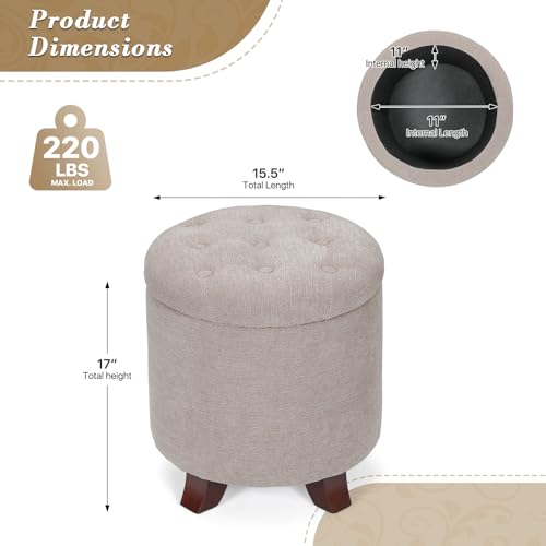 15 Inch Small Ottoman with Storage, Round Linen Fabric Storage Ottoman Foot Rest with Removable Lid, Multipurpose Footstool Footrest for Living Room, Bedroom, Dorm, Khaki
