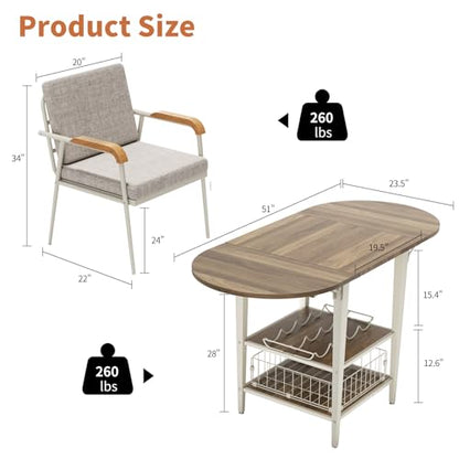 VFK 3 Piece Dining Table Set, 51 Inch Modern Kitchen Folding Breakfast Table with Right Seat Storage Corner Stools and Dining Chairs for Home Dining Room Furniture