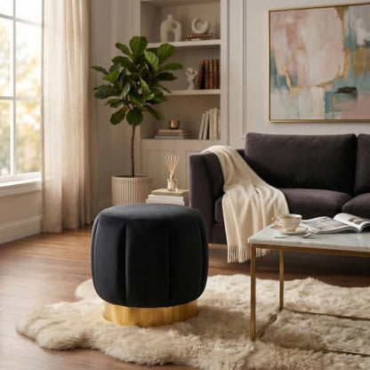 SAFAVIEH Couture Collection Maxine Glam Black Velvet/Gold Channel Tufted Upholstered Round Ottoman for Living Room Bedroom Vanity Foot Stool (Fully Assembled)