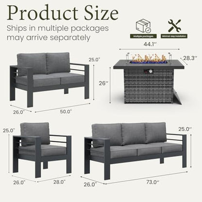 Aluminum Furniture Set with Fire Pit Table, 5 Pieces Patio Sectional Conversation Chat Sofa Modern Seating Set