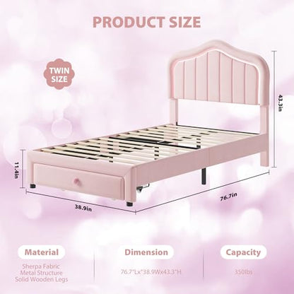 Twin Upholstered Bed Frame with Storage Drawer and Smart Led Headboard, Twin Size Platform Bed Frames for Kids, Wooden Slats Support, No Box Spring Needed, Easy Assembly, All Pink