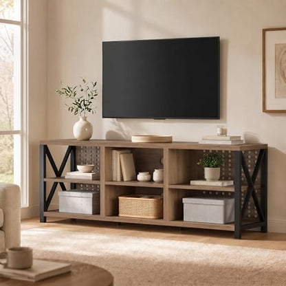 Rustic Entertainment Center for 65 Inch TV, Industrial Wood and Metal TV Stand with Storage Shelf, Modern Television Media Console Table with Cabinet for Living Room Bedroom, Rustic Oak, 55 Inch