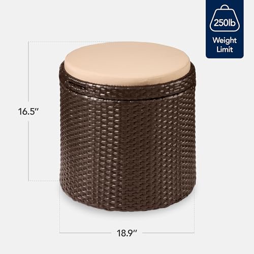 Best Choice Products Round Wicker Ottoman, Multipurpose Outdoor Furniture for Patio, Backyard, Additional Seating, Footrest, Side Table w/Storage, Removable Cushions – Brown/Beige