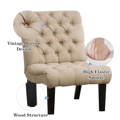 Living Room Chair Modern Accent Chair, Upholstered Tufted Armless Bedroom Chair Sofa Backrest Fabric Recliner Lounge Chair Wood Legs-Khaki