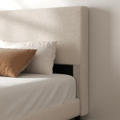 Queen Bed Frame, Upholstered Bed with Teddy Velvet Headboard, Beige, view 6