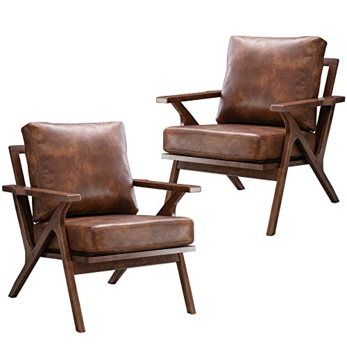 Mid Century Modern Chairs,Accent Chairs Set of 2, Comfy Upholstered PU Leather Armchair with Solid Wood Frame, Retro Leisure Chair Reading Nook Chair for Living Room Bedroom Office