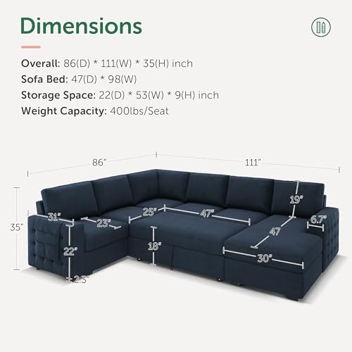 Sleeper Sectional Couch with Pull-Out Bed Sectional Sleeper Sofa Pull Out Bed with Storage Chaise, 6 Seaters Couch for Living Room, Velvet Blue