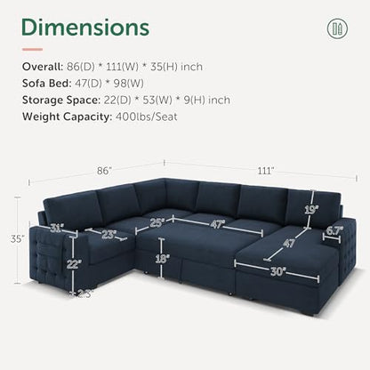 Sleeper Sectional Couch with Pull-Out Bed Sectional Sleeper Sofa Pull Out Bed with Storage Chaise, 6 Seaters Couch for Living Room, Velvet Blue