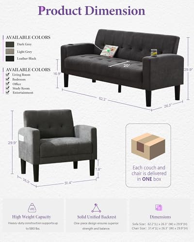 Sofa Couch, Living Room Furniture Sectional Sofa Sets 2 Pcs, Tufted Mid-Century Loveseat w/USB, Cupholders & Comfy Single Sofa for Small Space, Apartment, Office (Dark Grey)