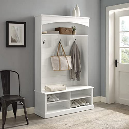 Bartlett Hall Tree with Shoe Rack Bench and Coat Hooks for Hanging, White