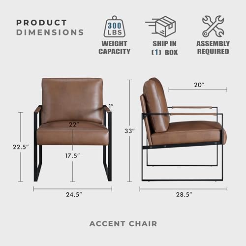Modern Accent Chair, Faux Leather Upholstered Living Room Chair with Wrapped Armrests, Arm Chair with Black Metal Frame, Comfy Single Chair for Living Room/Bedroom/Reading Room/Office, Brown