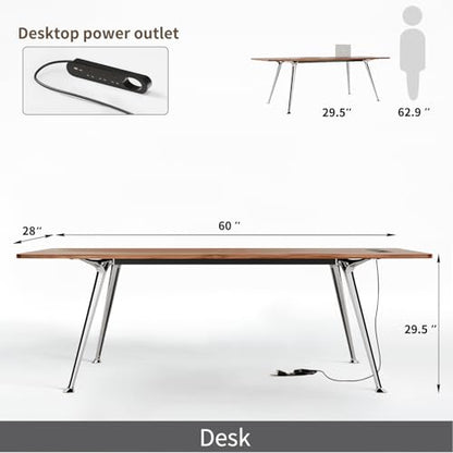 Writing Computer Desk, 60-Inch Large Executive Desk Office Workstation with Chrome-Plated Legs and Built-in Power Outlet, Writing Table Business Furniture, Modern Minimalist Style for Home Office