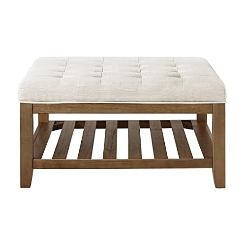 Large Square Upholstered Tufted Linen Ottoman Coffee Table, Large Footrest Ottoman with Solid Wood Shelf-Ivory