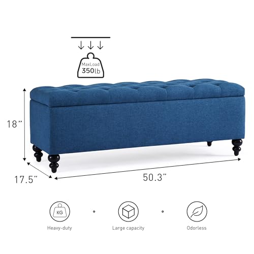 Button-Tufted Ottoman with Storage in Upholstered Fabrics, Large Storage Bench for Bedroom, Living Room, Entryway, Bench with Safety Hinge Hold Up to 300lbs (Blue)