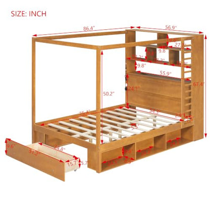 Full Size Wooden Canopy Bed Frame with Bookcase Headboard, Walnut, view 3