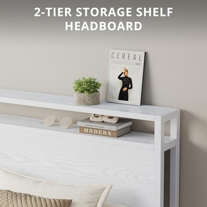King Size Bed Frame with 2-Tier Storage Shelf Headboard, view 4