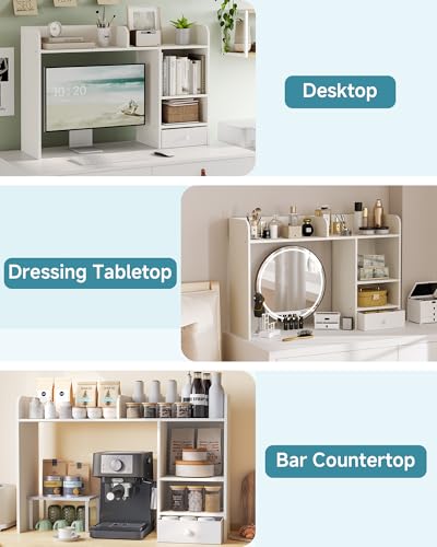 White Desk Hutch Dorm with Drawer, Computer Desk Organizer Shelf with 4 Shelves, view 9