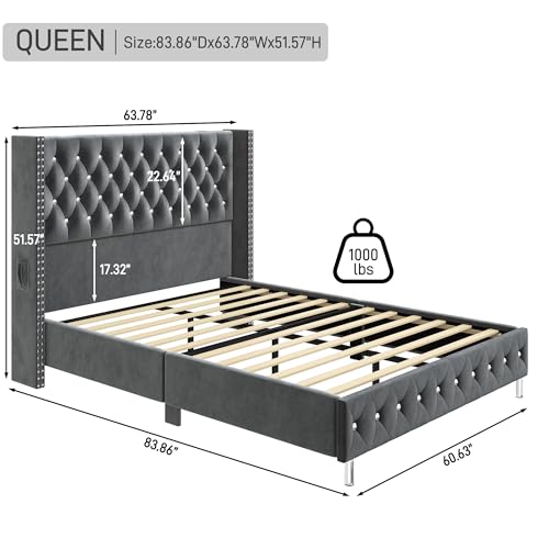 Queen LED Upholstered Bed Frame with Wingback Headboard, view 3