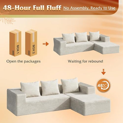 104'' Cloud Sectional Couches for Living Room, Modular Boneless Couch with Left Facing Chaise, L Shape Memory Foam Corduroy, with Cushion, Beige