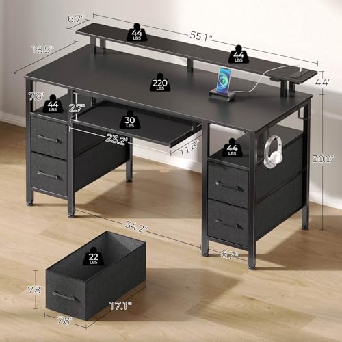 Computer Desk 55.1" with LED Lights & Power Outlets, Home Office Desk with 4 Drawers, Writing Desk with Keyboard Tray, Study De sk with Monitor Stand, Work for Home Office, Black