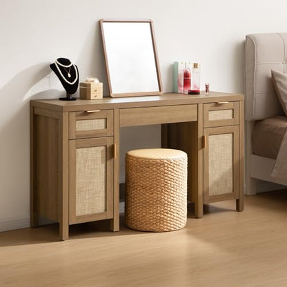 Rattan Vanity Home Office Desk 52" Vanity Table with 3 Drawers, view 2