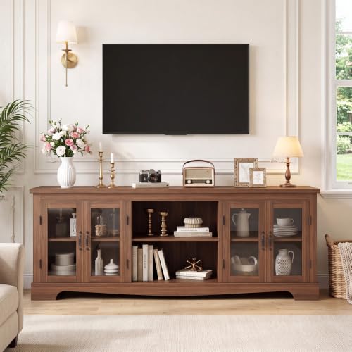 Tall TV Stand with Glass Doors, 78.75" Farmhouse Media Console with Storage, view 2