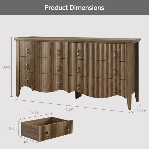 6-Drawer Fluted Dresser, 52" Wide Double Chest of Drawers,Light Oak, view 3