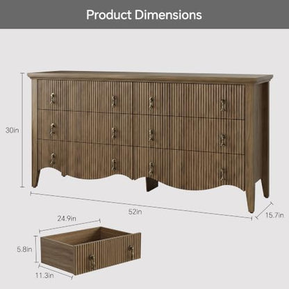 6-Drawer Fluted Dresser, 52" Wide Double Chest of Drawers,Light Oak, view 3