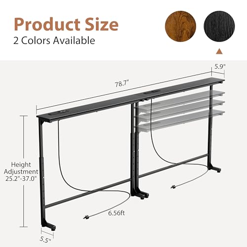 2 Pack Adjustable Height Narrow Console Table with Power Outlets, 78.7" Long Sofa Table with Charging Station Behind Couch Table Skinny Entryway Table for Living Room and Hallway – Black