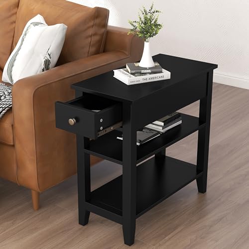 Side Table Living Room, Narrow End Table with Drawer and Shelf, 3-Tier Sofa End Table for Small Space, Black