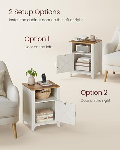 VASAGLE Nightstand Farmhouse Barn Door Bedside Table with Storage | Side End Table, Night Stand, Open Compartment, for Bedroom, Rustic White and Honey Brown, LIRY Collection, LET609K41